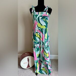 Pink and Green Maxi Sundress with Square Neck